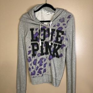Love Pink Hoodie, grey with purple cheetah print